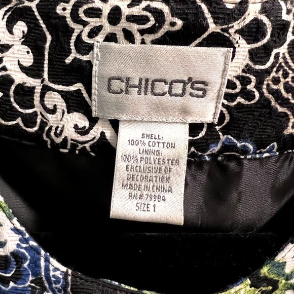 Chico's Black Floral Button Front Jackets Size Small Sequins Beaded Cotton - Picture 3 of 11